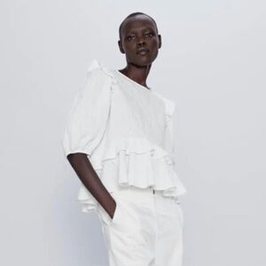 Zara Textured Ruffle Tiered Short Sleeve Peplum Top White